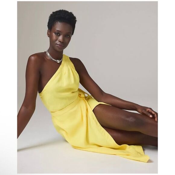 NEW By Anthropologie Linen One Shoulder Wrap Dress Yellow Size 12 - Picture 2 of 8